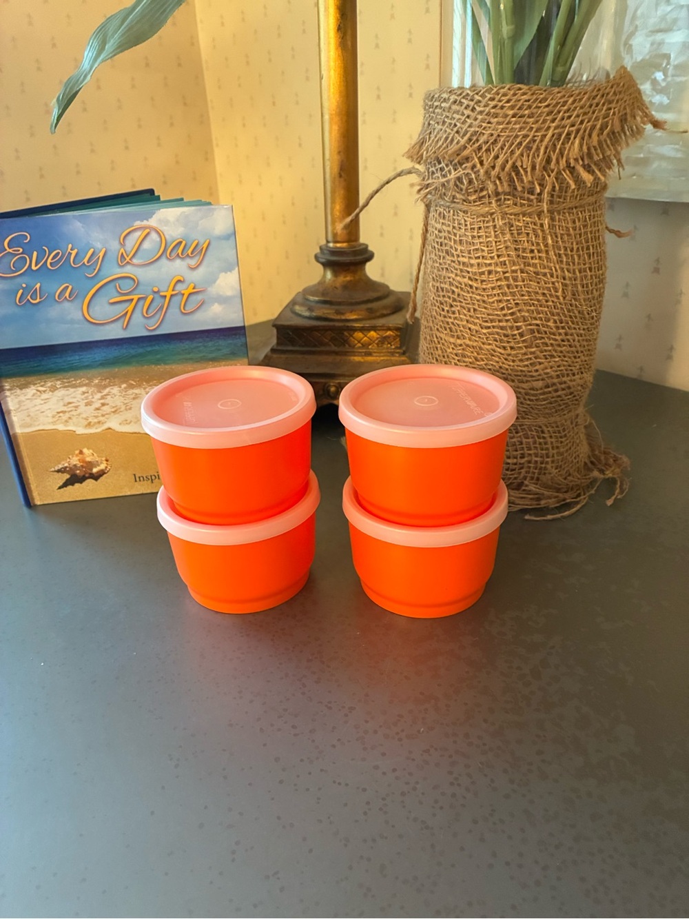 4 Vintage, 1970’s NEW IN PACKAGE, TUPPERWARE, BRIGHT ORANGE midget cups / lids.